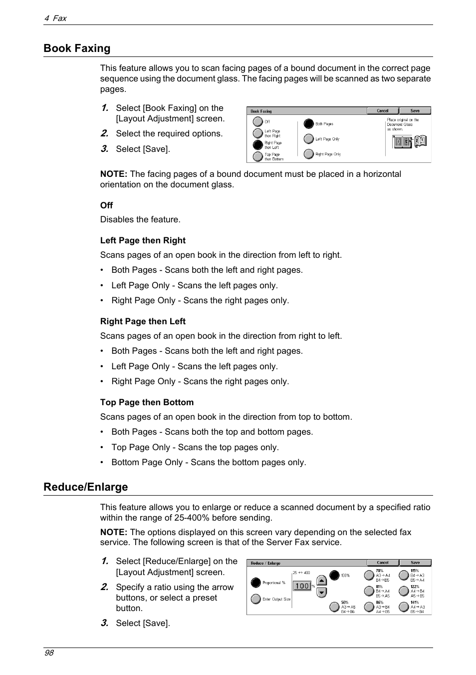 Book faxing, Reduce/enlarge, Book faxing reduce/enlarge | Xerox 5222 User Manual | Page 98 / 182