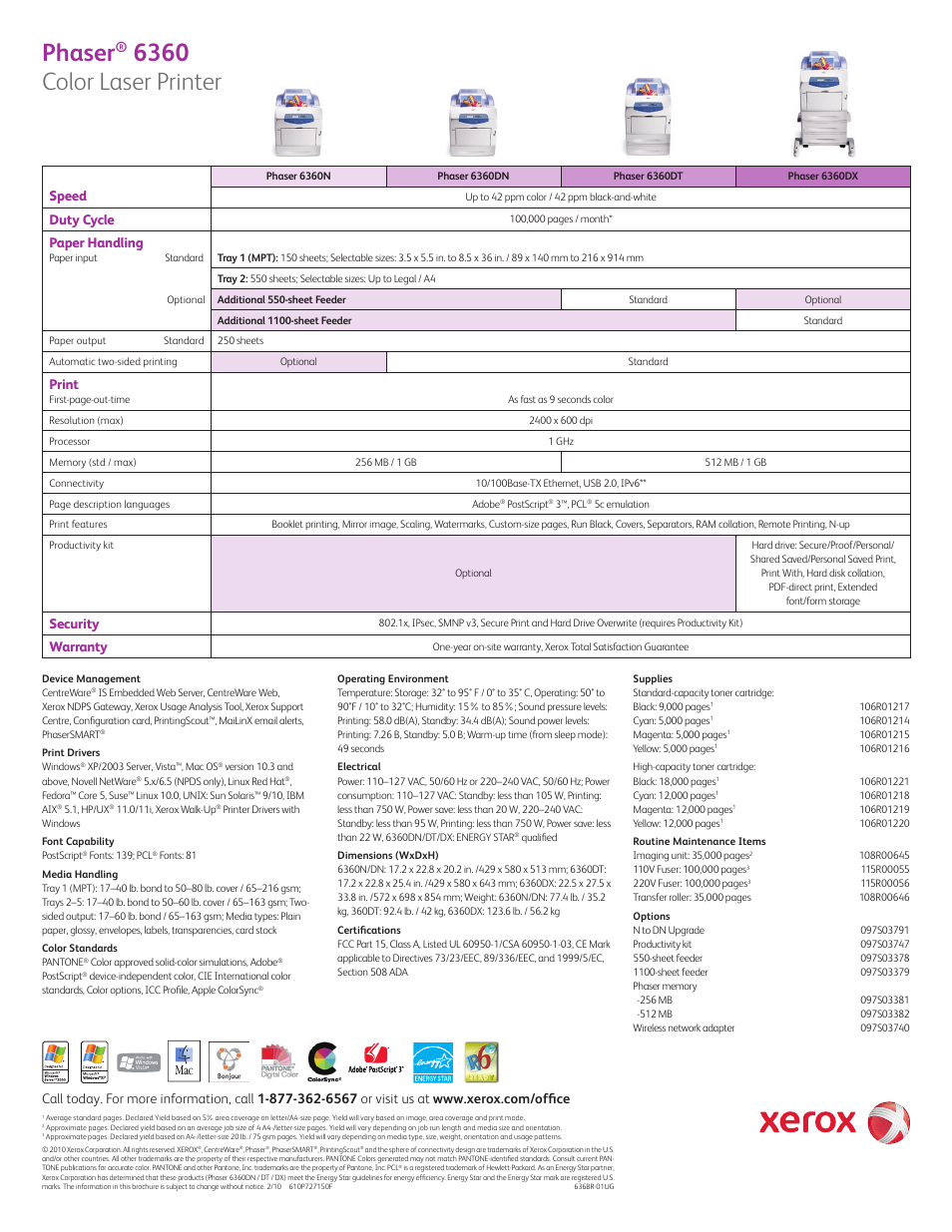 Phaser, 6360 color laser printer, Speed | Duty cycle, Paper handling, Print, Security, Warranty | Xerox 6360 User Manual | Page 4 / 4