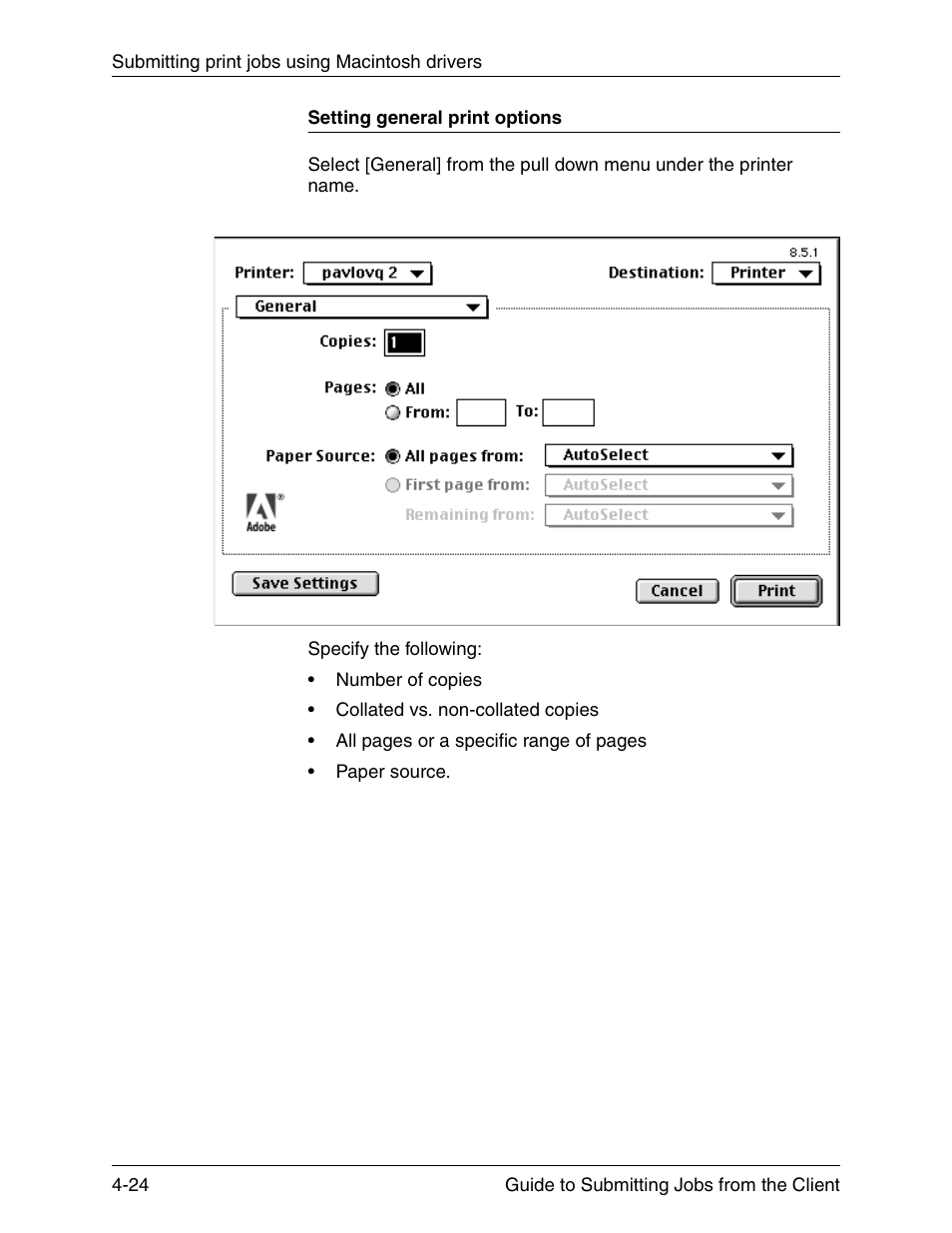 Setting general print options, Setting general print options -24 | Xerox DocuPrint 721P90350 User Manual | Page 112 / 216