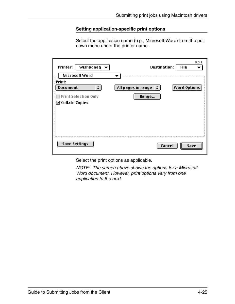 Setting application-specific print options, Setting application-specific print options -25 | Xerox DocuPrint 721P90350 User Manual | Page 113 / 216