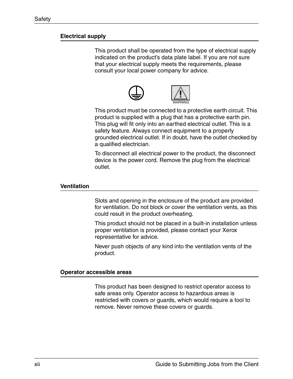 Electrical supply, Ventilation, Operator accessible areas | Xerox DocuPrint 721P90350 User Manual | Page 12 / 216