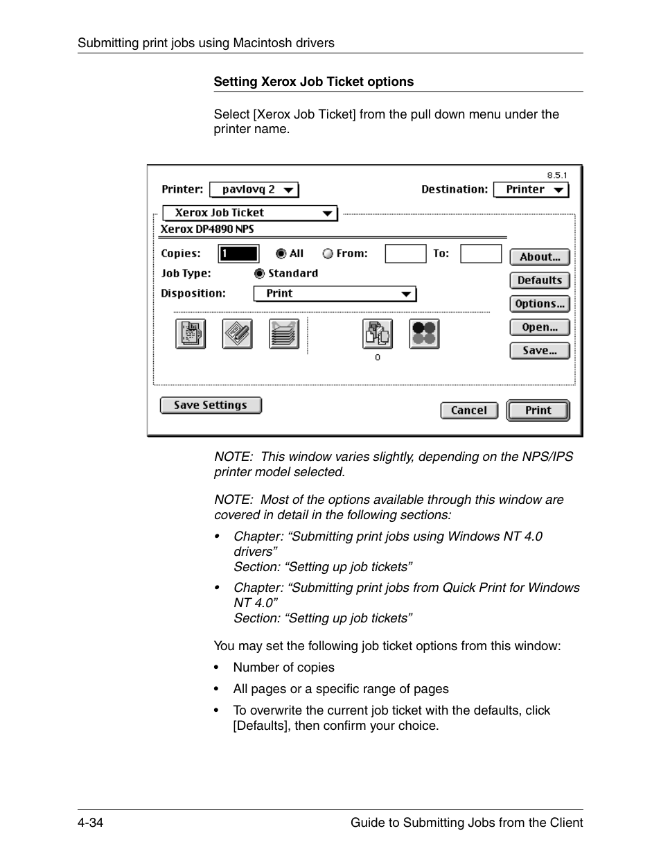 Setting xerox job ticket options, Setting xerox job ticket options -34 | Xerox DocuPrint 721P90350 User Manual | Page 122 / 216