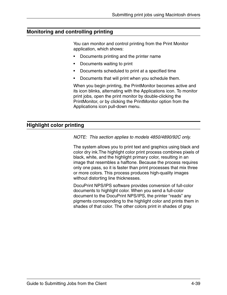Monitoring and controlling printing, Highlight color printing | Xerox DocuPrint 721P90350 User Manual | Page 127 / 216