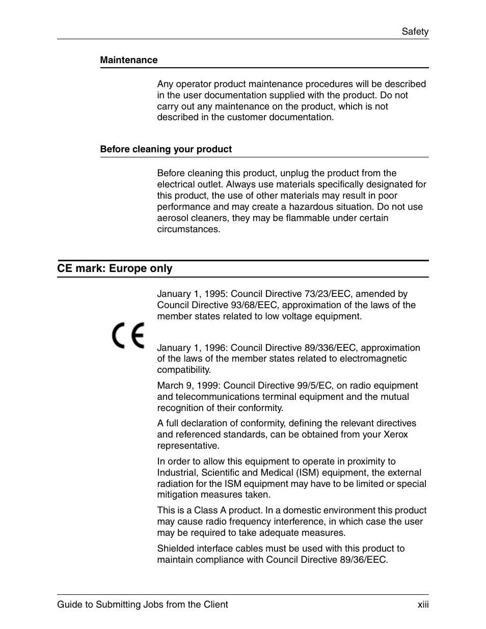 Maintenance, Before cleaning your product, Ce mark: europe only | Xerox DocuPrint 721P90350 User Manual | Page 13 / 216