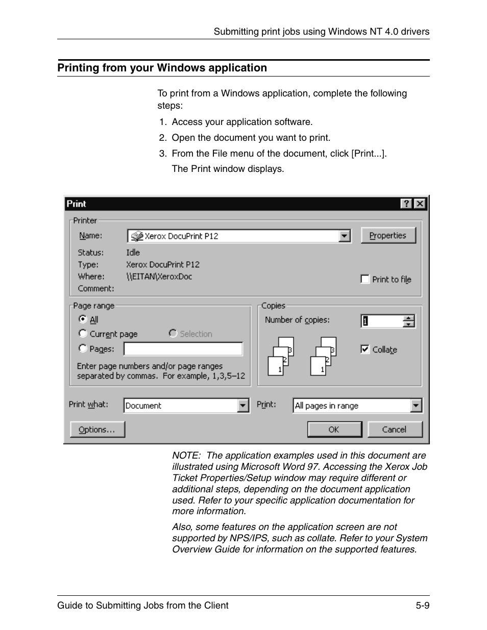 Printing from your windows application, Printing from your windows application -9 | Xerox DocuPrint 721P90350 User Manual | Page 137 / 216