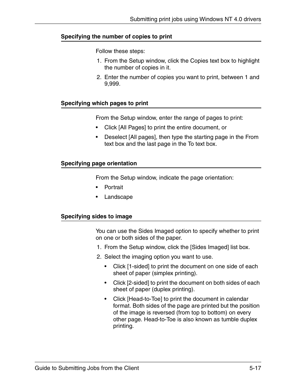 Specifying the number of copies to print, Specifying sides to image | Xerox DocuPrint 721P90350 User Manual | Page 145 / 216