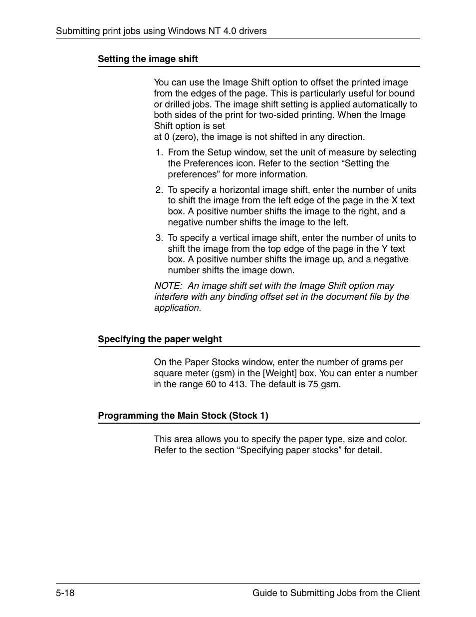 Setting the image shift, Specifying the paper weight, Programming the main stock (stock 1) | Xerox DocuPrint 721P90350 User Manual | Page 146 / 216