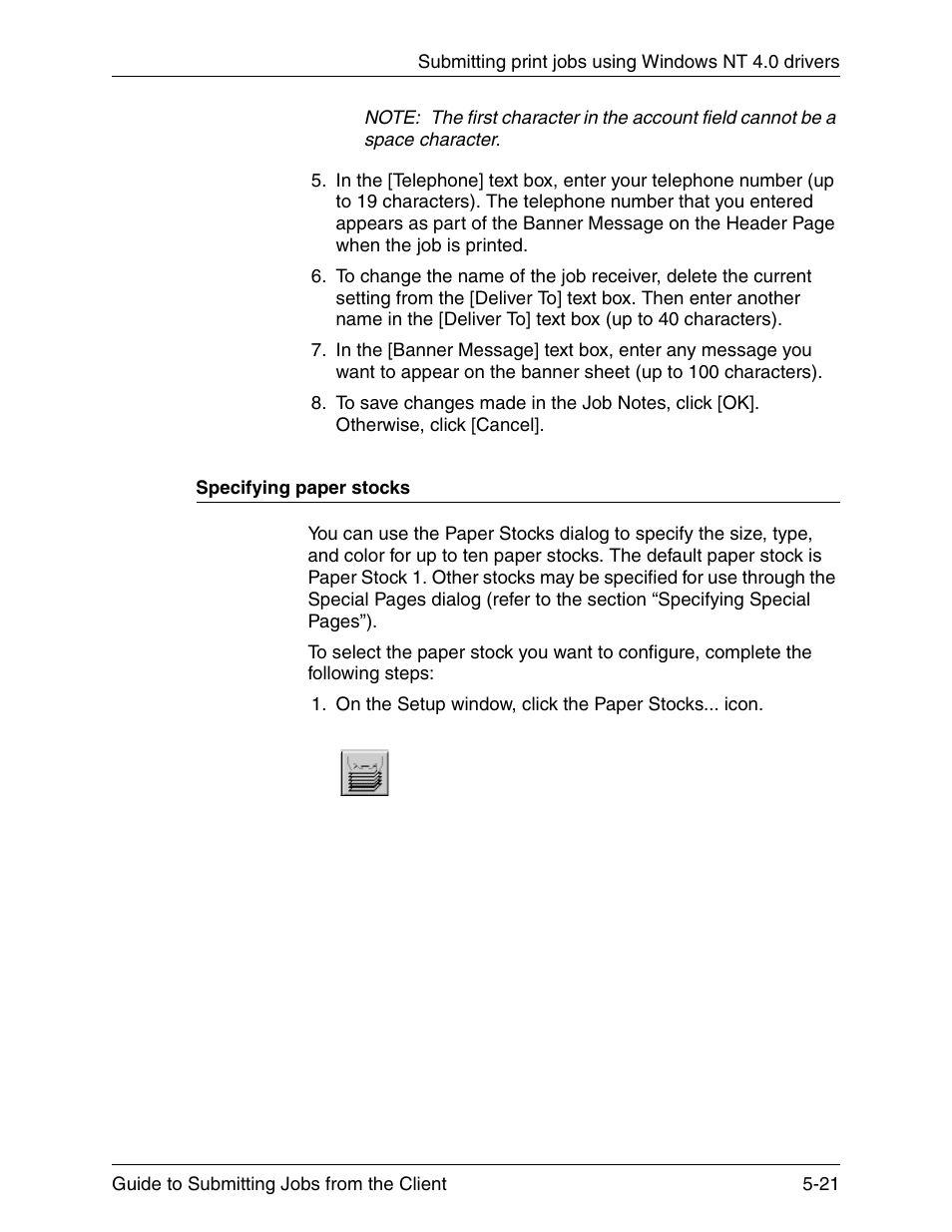 Specifying paper stocks, Specifying paper stocks -21 | Xerox DocuPrint 721P90350 User Manual | Page 149 / 216