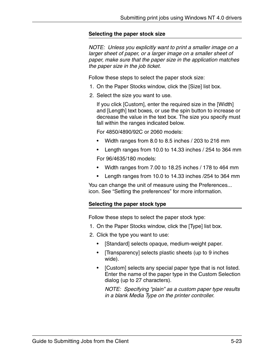 Selecting the paper stock size, Selecting the paper stock type | Xerox DocuPrint 721P90350 User Manual | Page 151 / 216