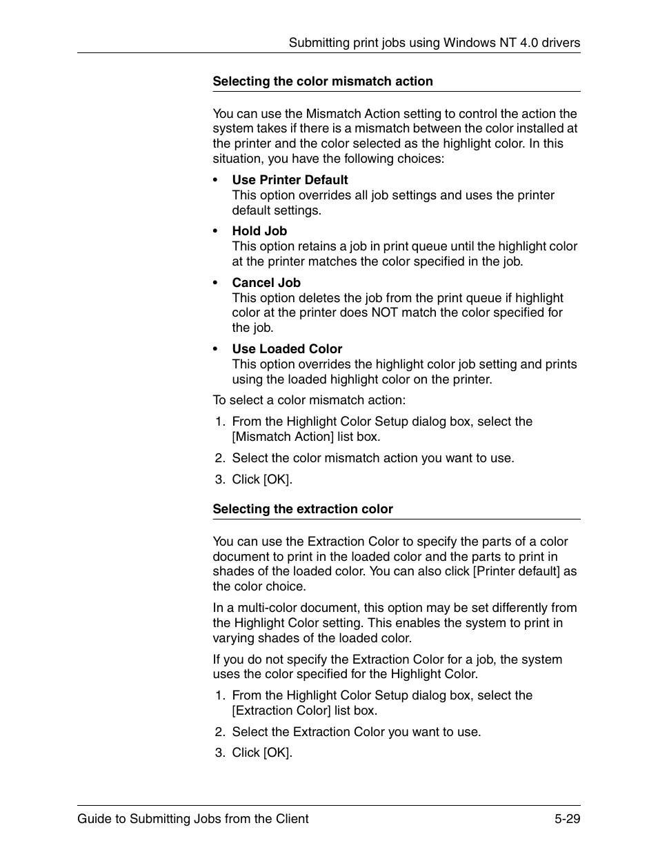 Selecting the color mismatch action, Selecting the extraction color | Xerox DocuPrint 721P90350 User Manual | Page 157 / 216