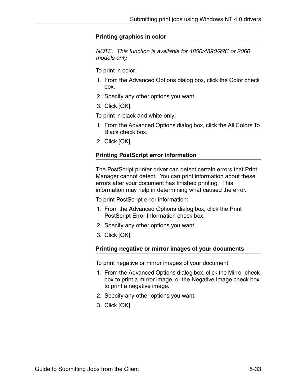Printing graphics in color, Printing postscript error information | Xerox DocuPrint 721P90350 User Manual | Page 161 / 216