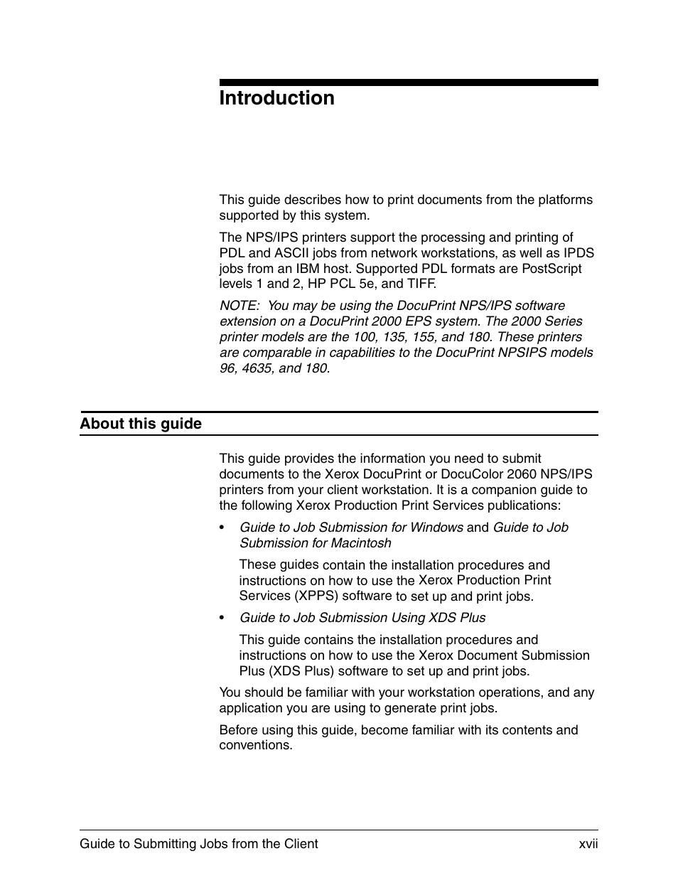 Introduction, About this guide | Xerox DocuPrint 721P90350 User Manual | Page 17 / 216