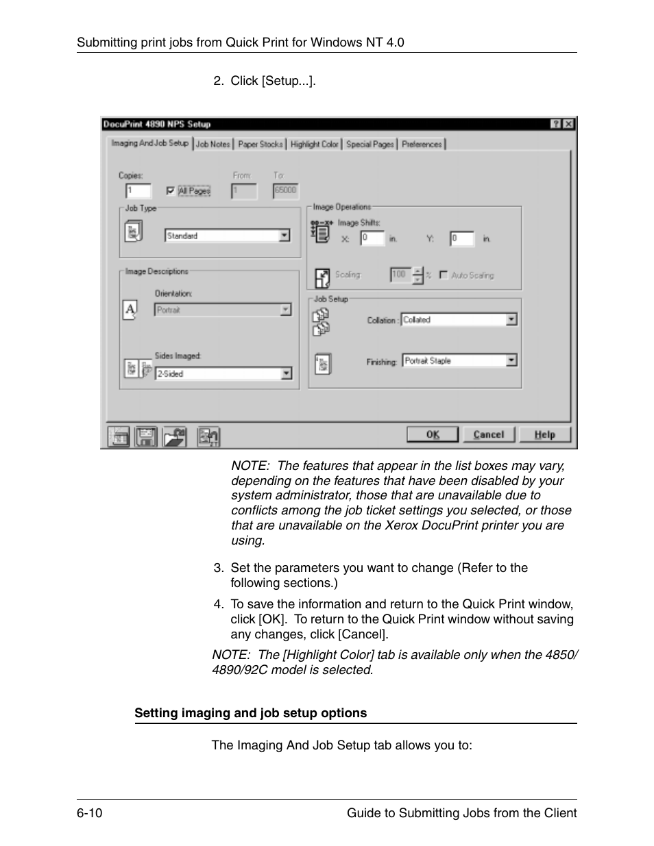 Setting imaging and job setup options, Setting imaging and job setup options -10 | Xerox DocuPrint 721P90350 User Manual | Page 176 / 216