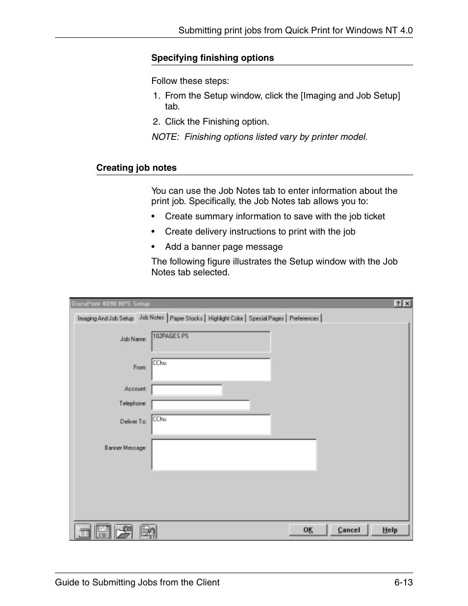 Specifying finishing options, Creating job notes, Specifying finishing options -13 | Creating job notes -13 | Xerox DocuPrint 721P90350 User Manual | Page 179 / 216