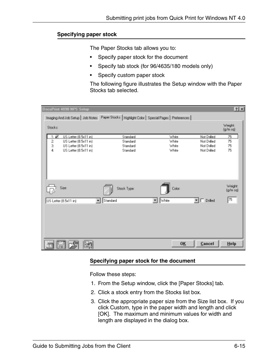 Specifying paper stock, Specifying paper stock for the document, Specifying paper stock -15 | Specifying paper stock for the document -15 | Xerox DocuPrint 721P90350 User Manual | Page 181 / 216