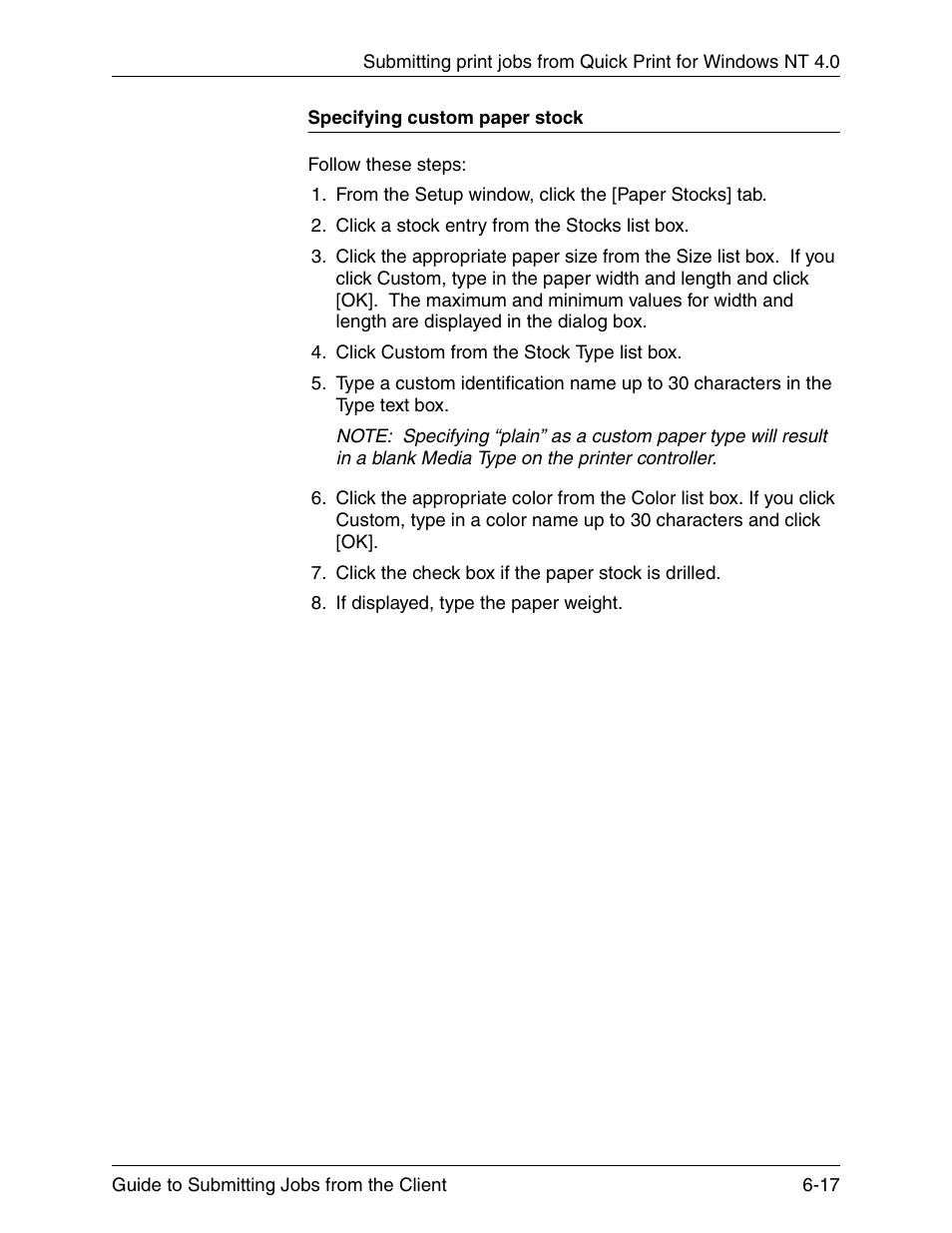Specifying custom paper stock, Specifying custom paper stock -17 | Xerox DocuPrint 721P90350 User Manual | Page 183 / 216