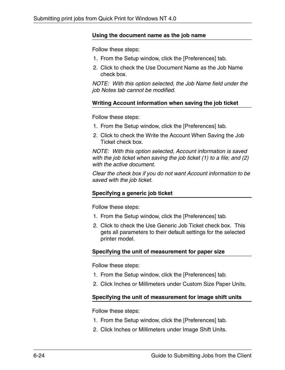 Using the document name as the job name, Specifying a generic job ticket, Specifying the unit of measurement for paper size | Xerox DocuPrint 721P90350 User Manual | Page 190 / 216