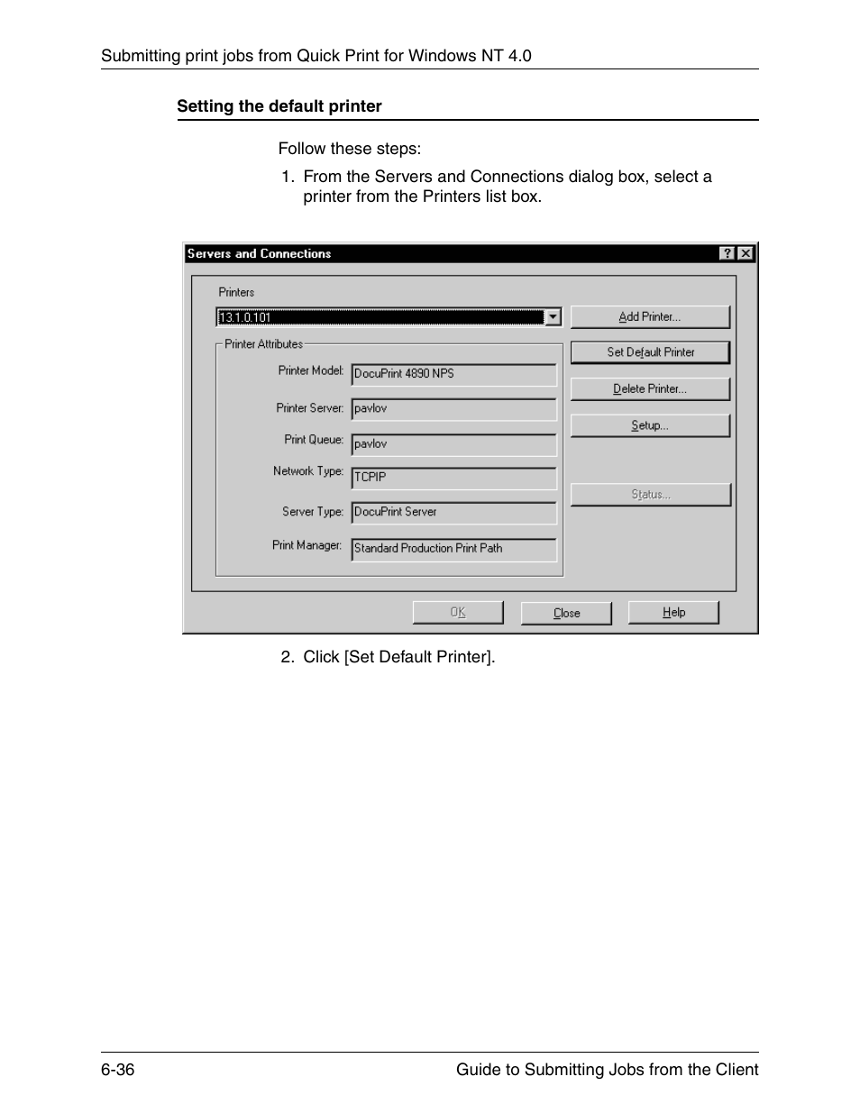 Setting the default printer, Setting the default printer -36 | Xerox DocuPrint 721P90350 User Manual | Page 202 / 216