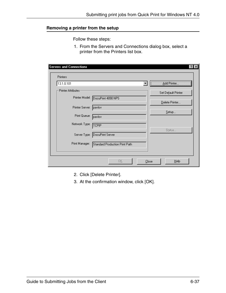 Removing a printer from the setup, Removing a printer from the setup -37 | Xerox DocuPrint 721P90350 User Manual | Page 203 / 216