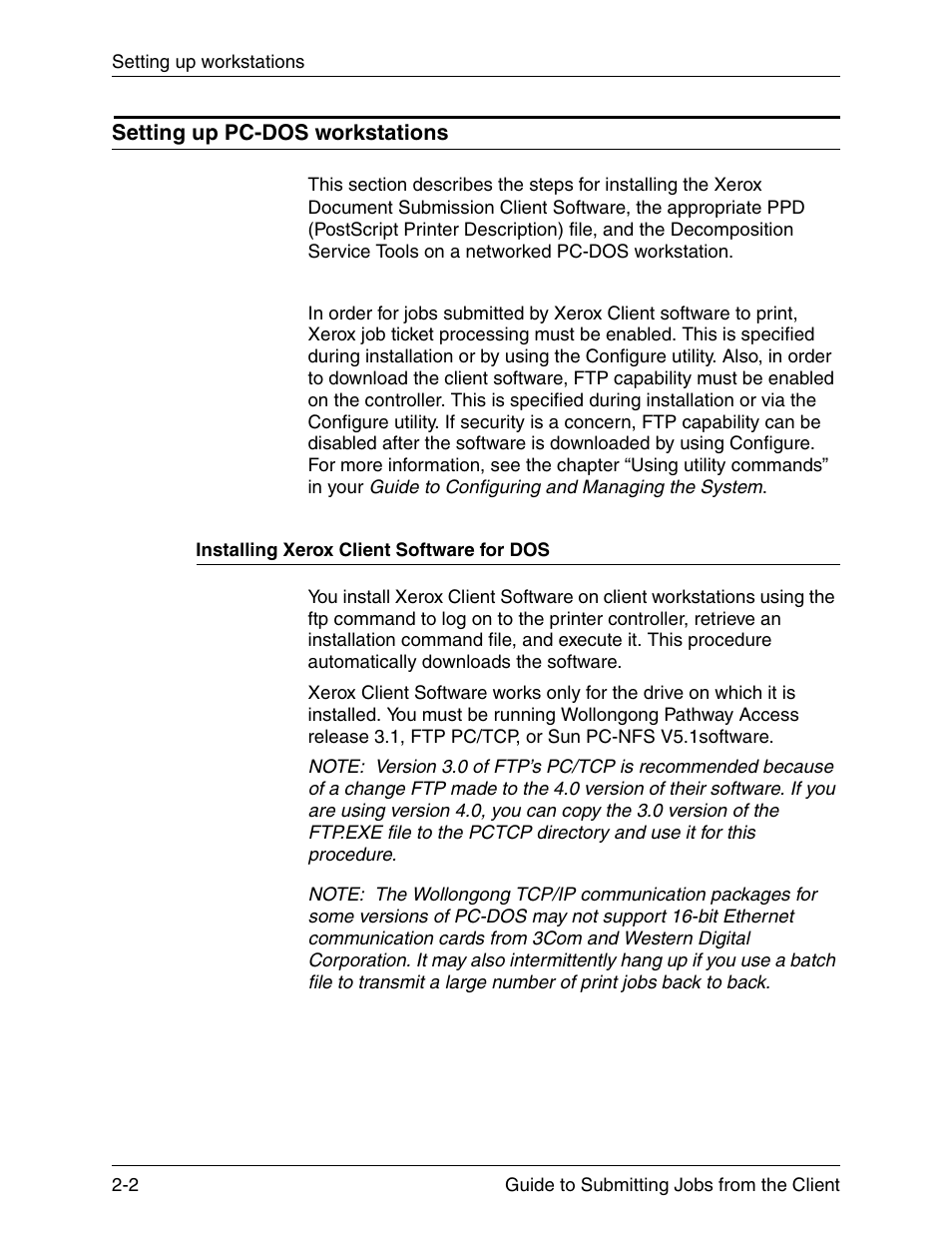 Setting up pc-dos workstations, Installing xerox client software for dos, Setting up pc-dos workstations -2 | Installing xerox client software for dos -2 | Xerox DocuPrint 721P90350 User Manual | Page 30 / 216
