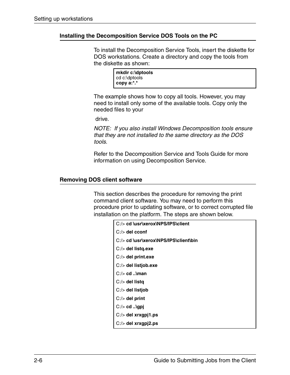 Removing dos client software | Xerox DocuPrint 721P90350 User Manual | Page 34 / 216