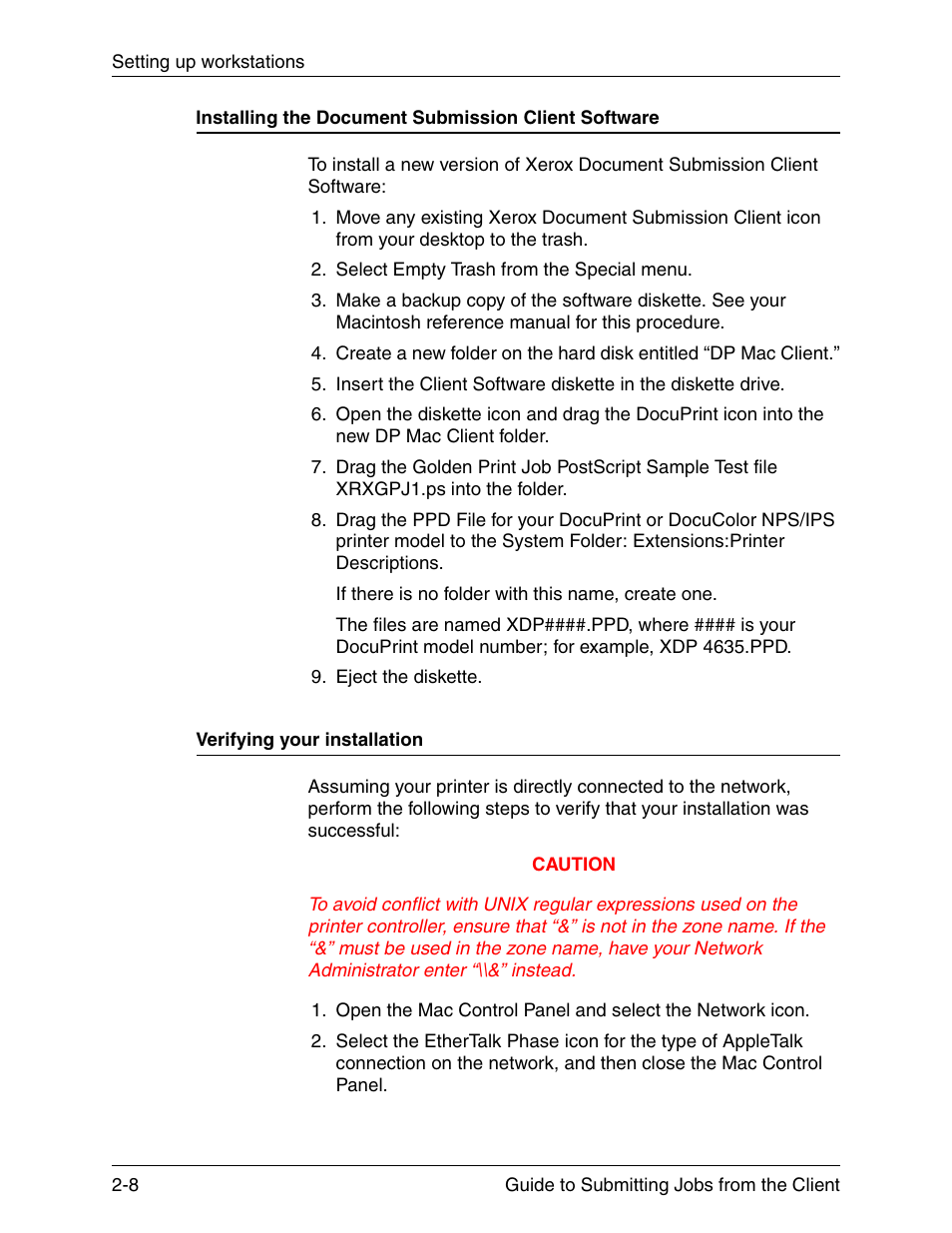 Installing the document submission client software, Verifying your installation | Xerox DocuPrint 721P90350 User Manual | Page 36 / 216