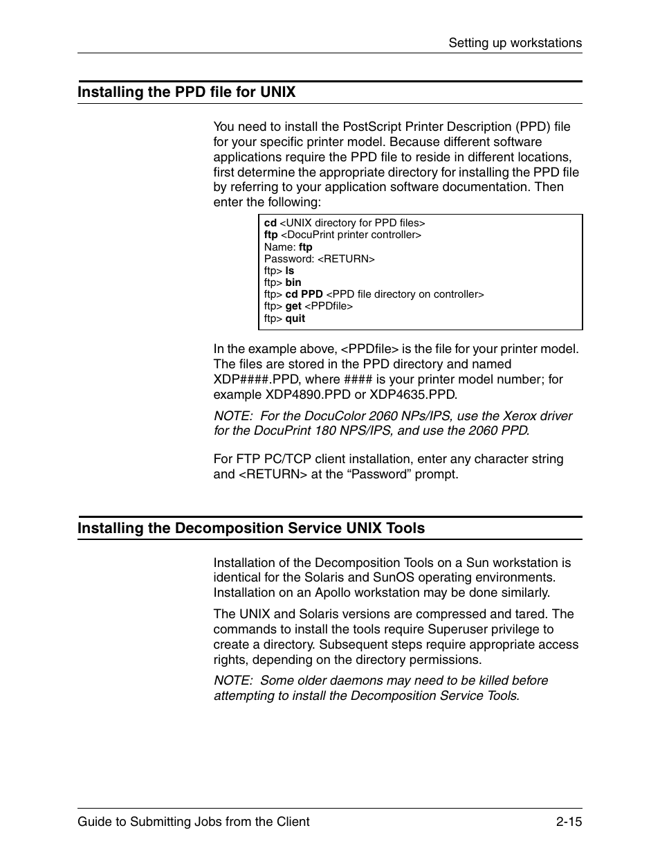 Installing the ppd file for unix, Installing the decomposition service unix tools | Xerox DocuPrint 721P90350 User Manual | Page 43 / 216