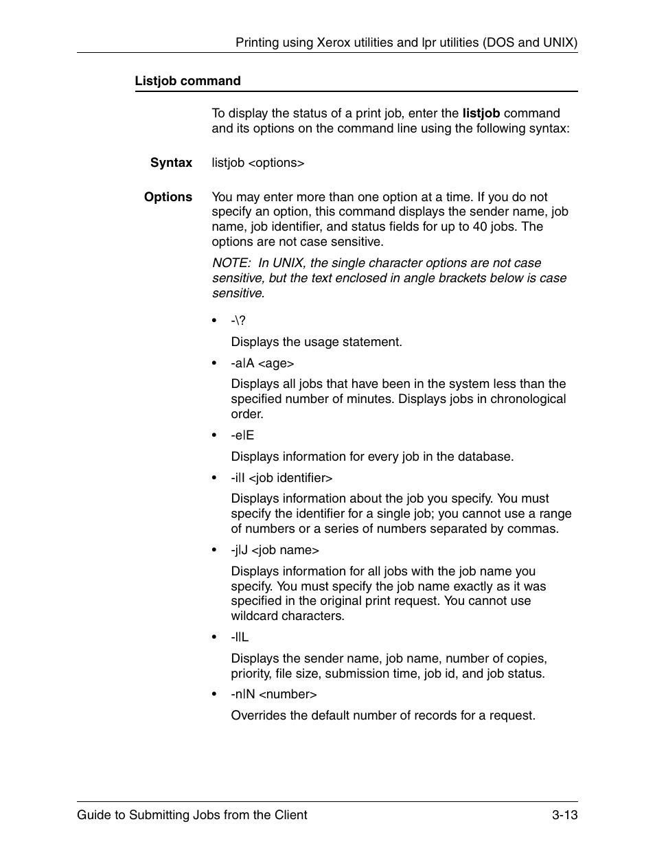 Listjob command, Listjob command -13 | Xerox DocuPrint 721P90350 User Manual | Page 63 / 216