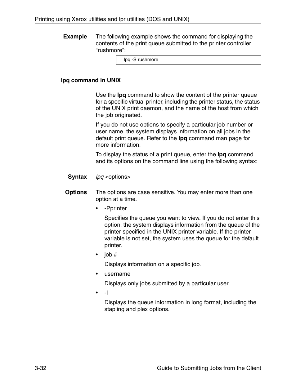 Lpq command in unix, Lpq command in unix -32 | Xerox DocuPrint 721P90350 User Manual | Page 82 / 216