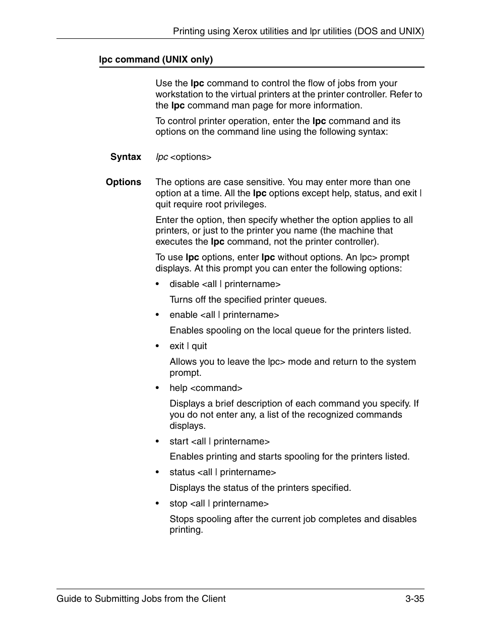 Lpc command (unix only), Lpc command (unix only) -35 | Xerox DocuPrint 721P90350 User Manual | Page 85 / 216