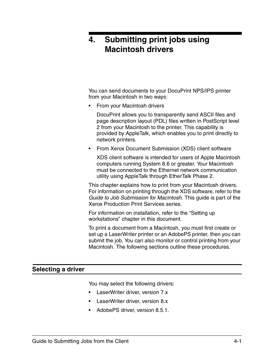 Submitting print jobs using macintosh drivers, Selecting a driver, Submitting print jobs using macintosh drivers -1 | Selecting a driver -1 | Xerox DocuPrint 721P90350 User Manual | Page 89 / 216