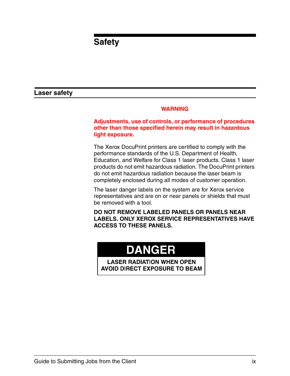 Safety, Laser safety | Xerox DocuPrint 721P90350 User Manual | Page 9 / 216