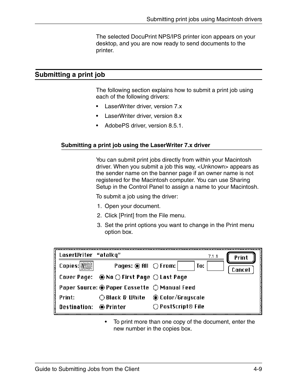 Submitting a print job, Submitting a print job -9 | Xerox DocuPrint 721P90350 User Manual | Page 97 / 216