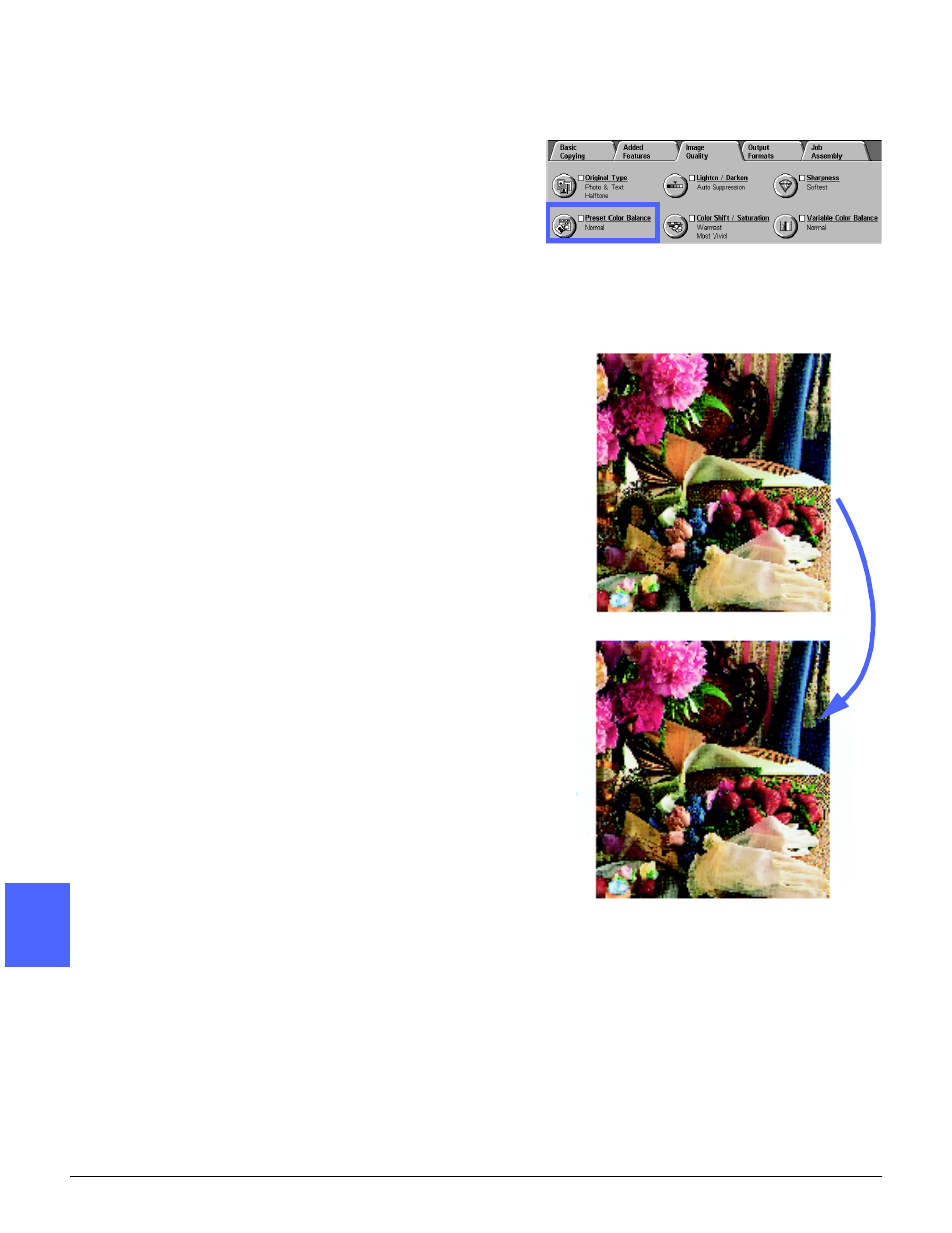 Preset color balance, Normal, Preset color balance -10 | Normal -10 | Xerox DOCUCOLOR 12 User Manual | Page 140 / 292