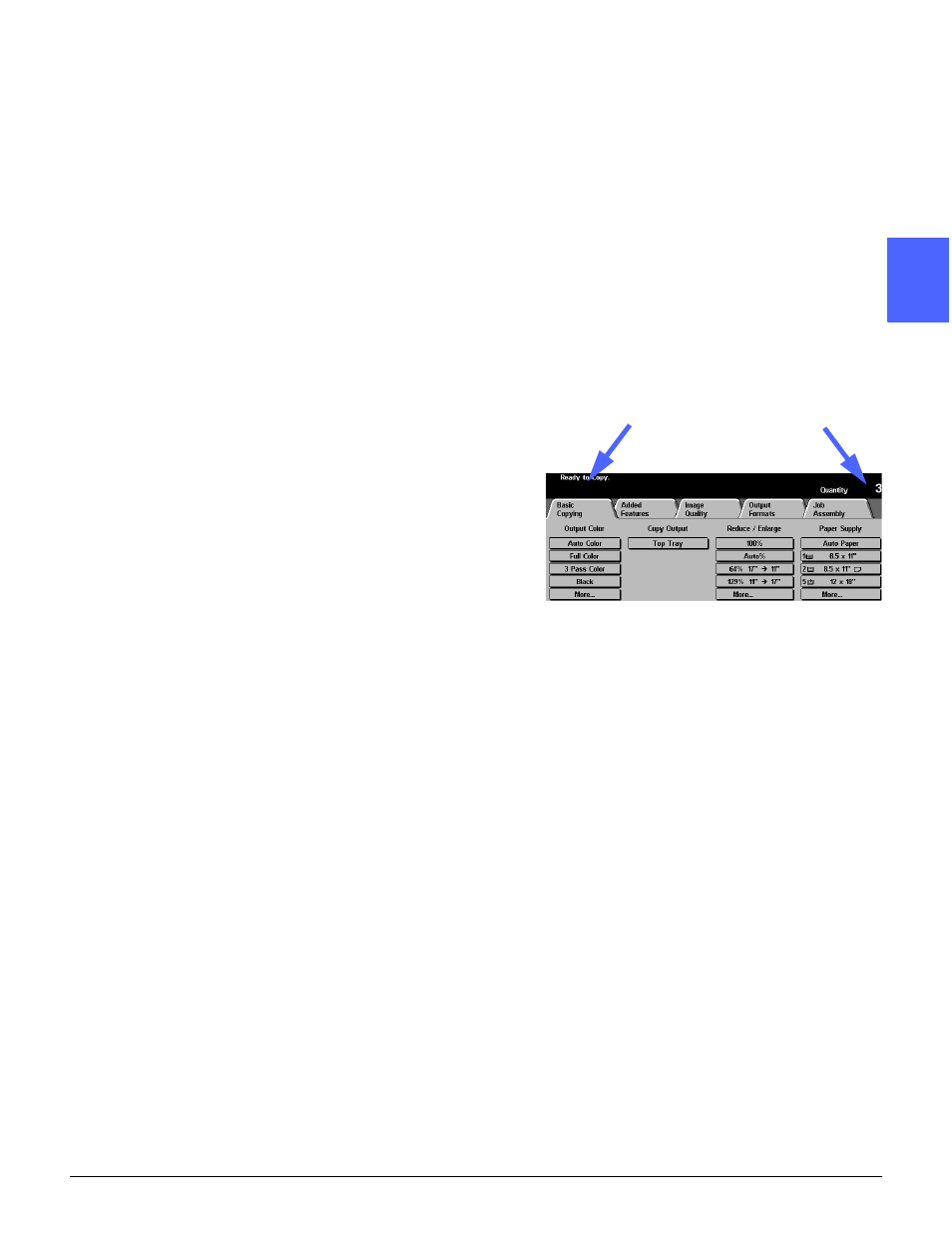 Touch screen, Message area, Copy quantity | Touch screen -7, Message area -7 copy quantity -7 | Xerox DOCUCOLOR 12 User Manual | Page 41 / 292