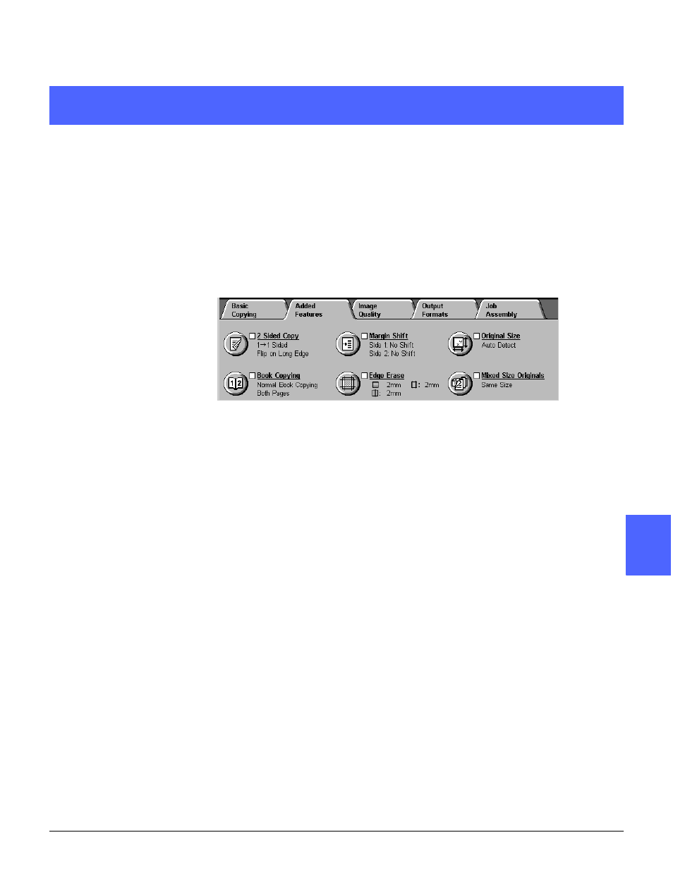 2 sided copying, Book copying, Added features -1 | 2 sided copying -1 book copying -1, Added features, Overview | Xerox DOCUCOLOR 12 User Manual | Page 99 / 292