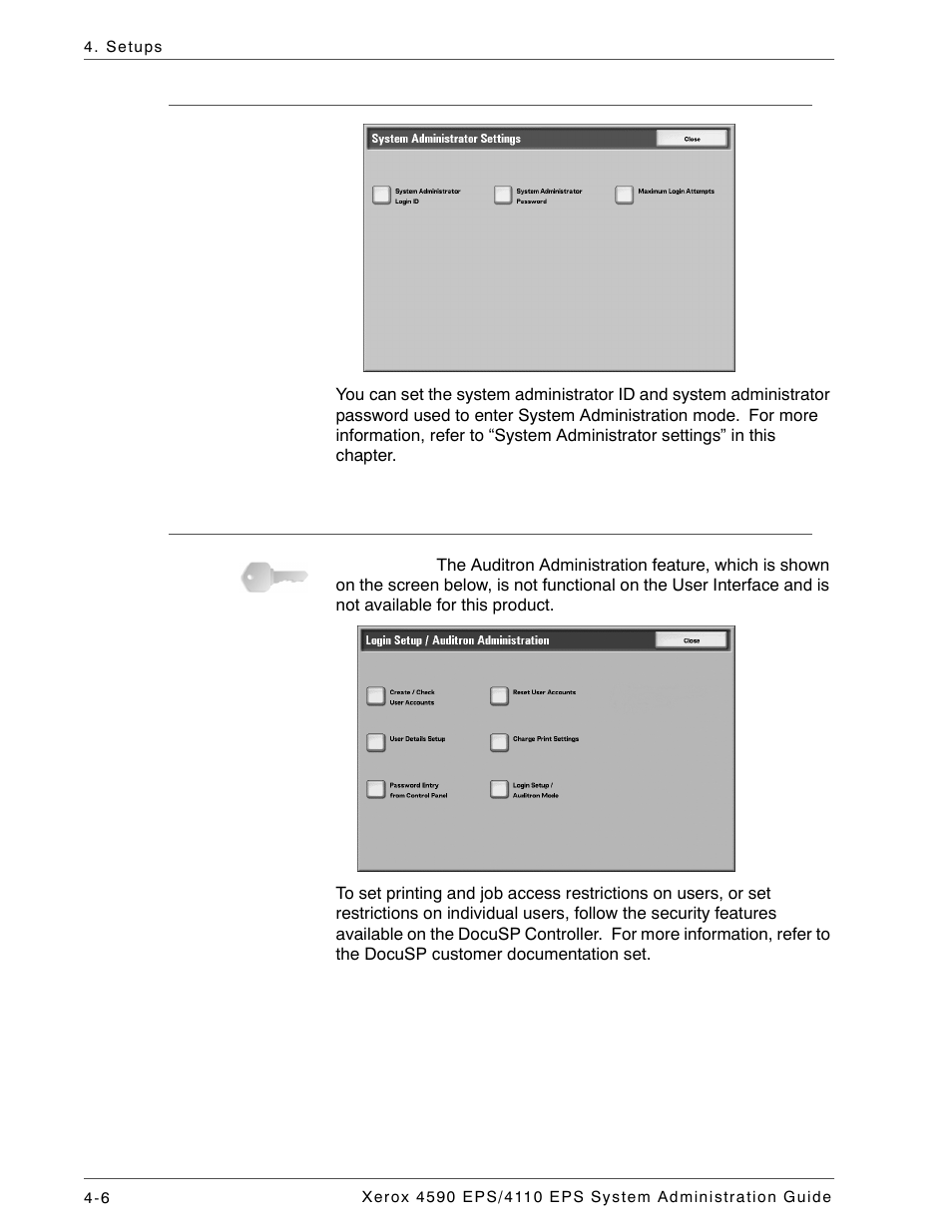 System administrator settings, Login setup/auditron administration | Xerox 4110 User Manual | Page 24 / 92