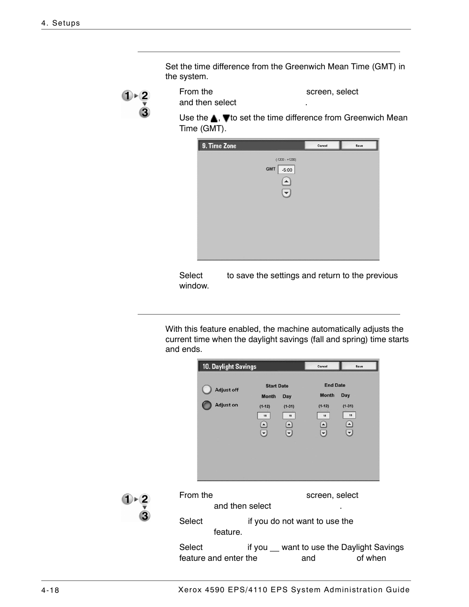 Time zone, Daylight savings | Xerox 4110 User Manual | Page 36 / 92