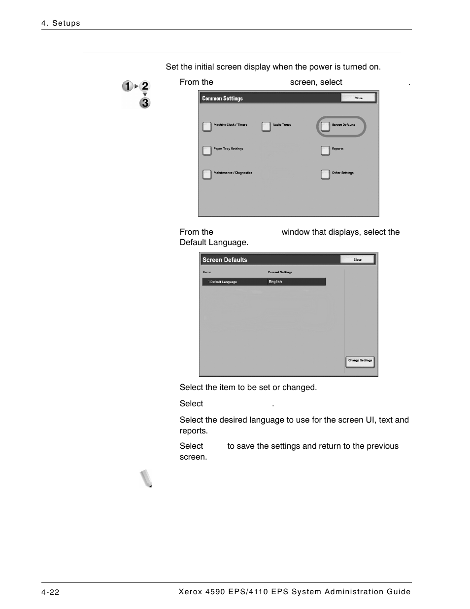 Screen defaults, Screen defaults -22 | Xerox 4110 User Manual | Page 40 / 92