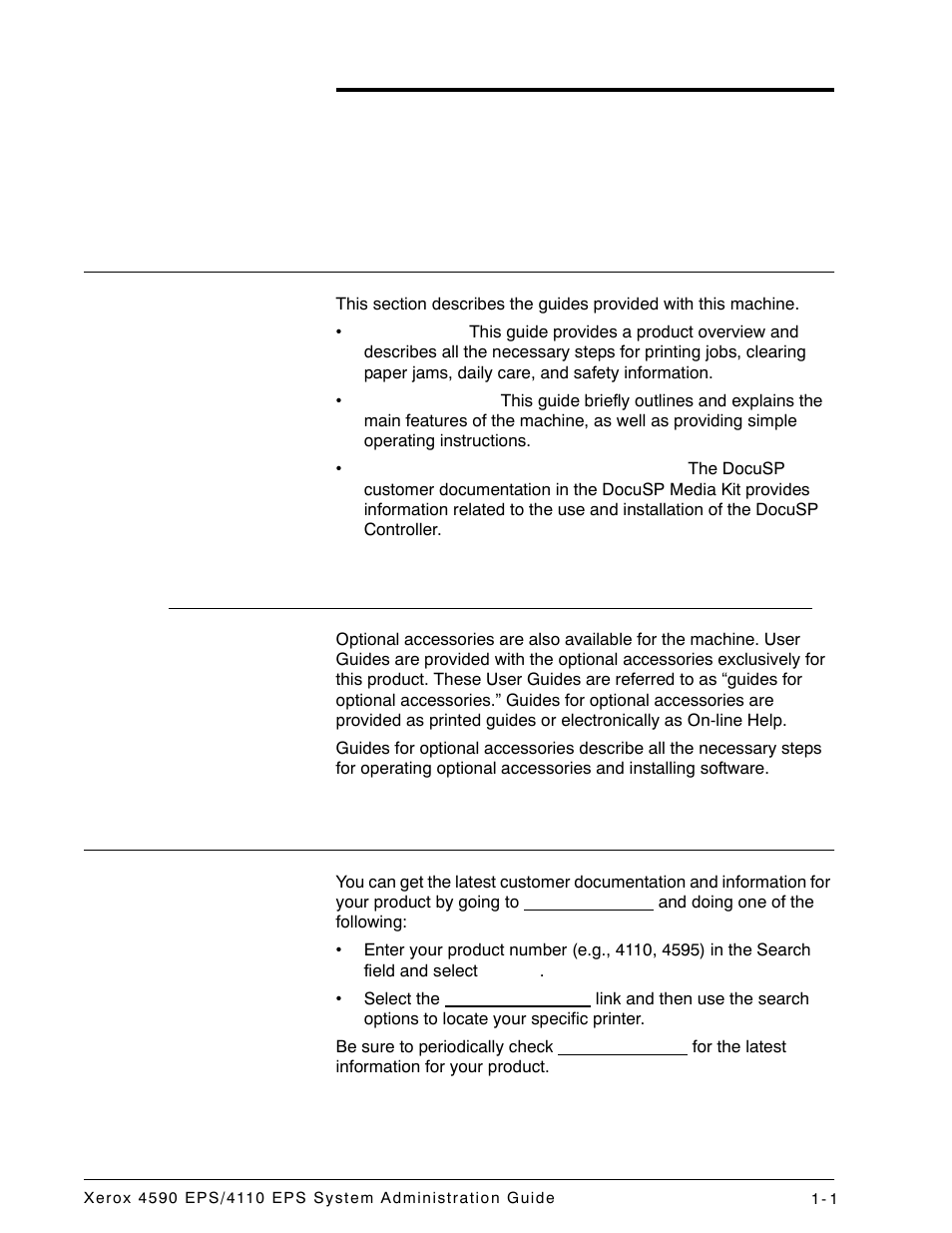 Overview, Related information sources, Guides for optional accessories | Customer documentation updates, Related information sources -1, Guides for optional accessories -1, Customer documentation updates -1 | Xerox 4110 User Manual | Page 5 / 92