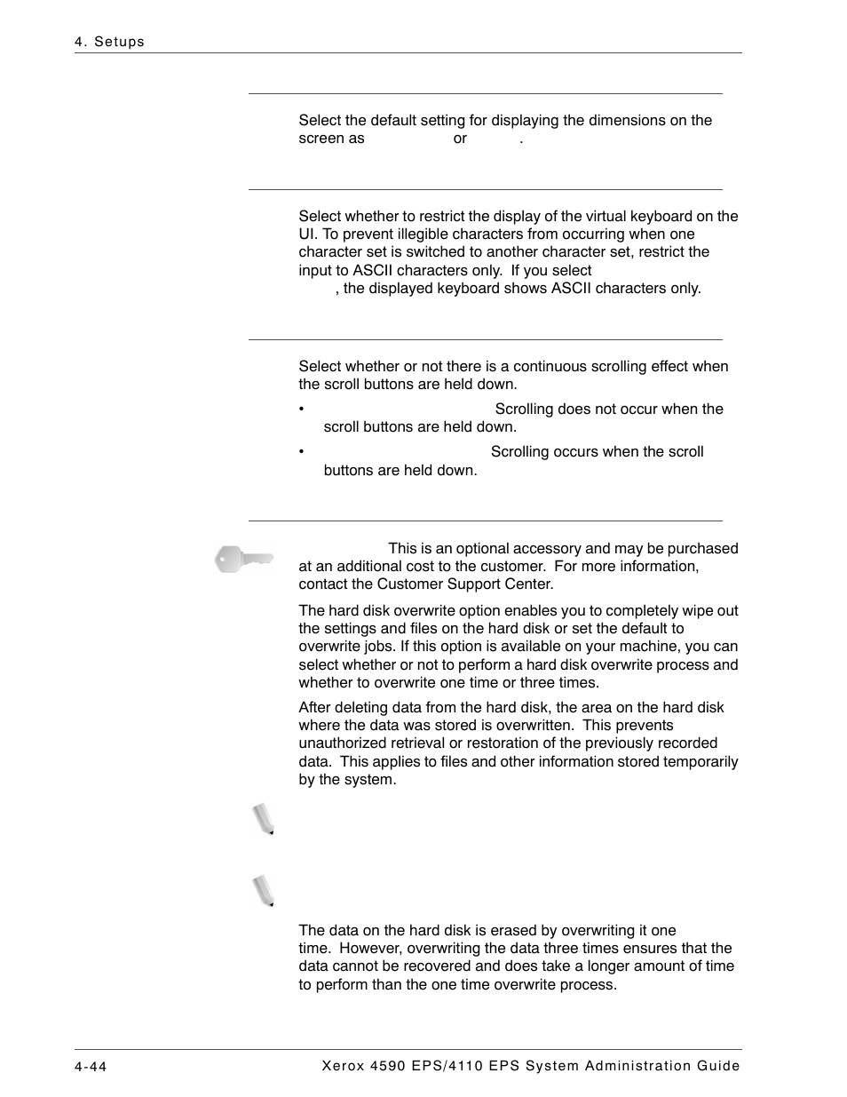 Millimeters/inches, Keyboard input restriction, Operation of up/down buttons | Overwrite hard disk (optional) | Xerox 4110 User Manual | Page 62 / 92