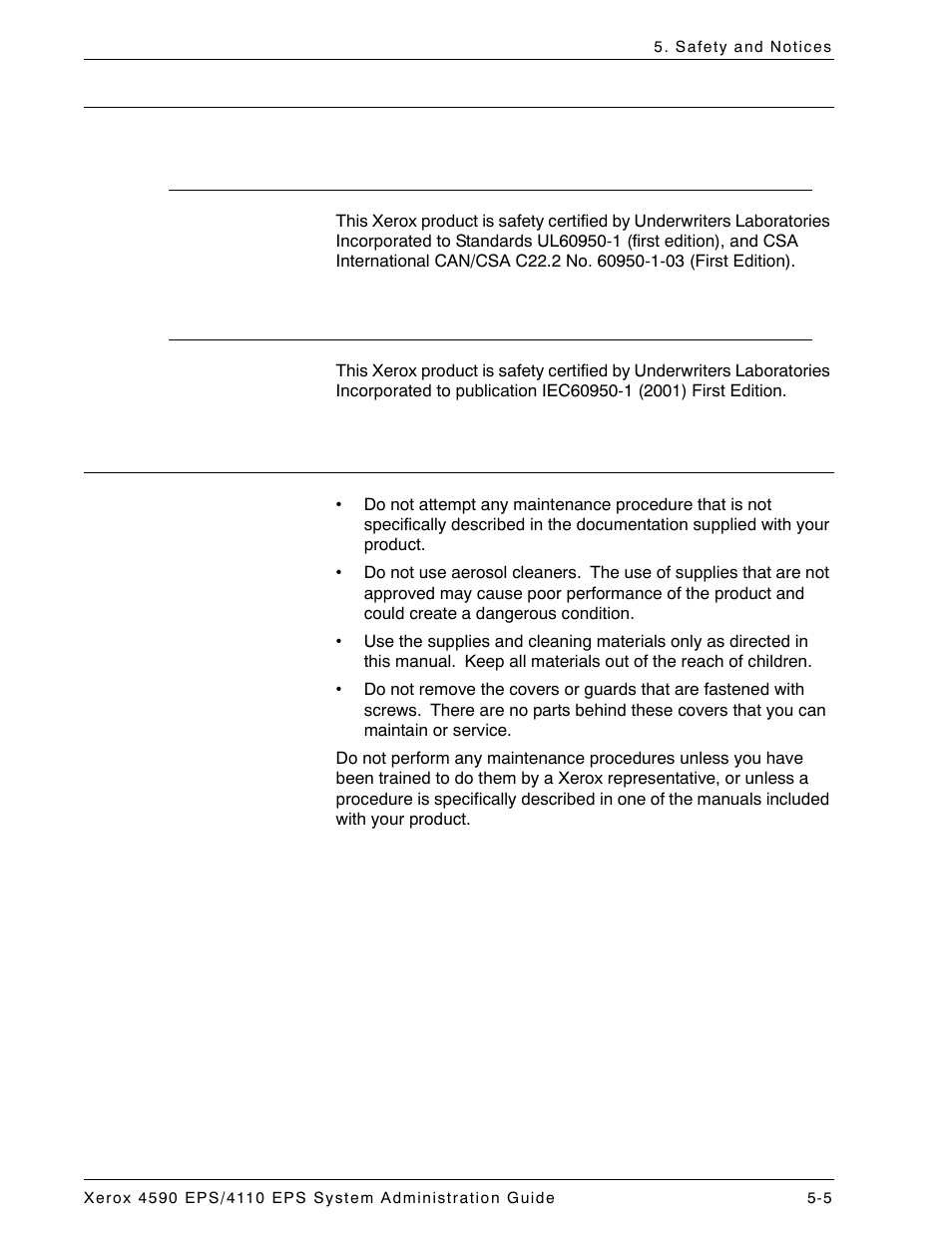 Safety standards, North america, Europe and other markets | Maintenance safety, Safety standards -5, North america -5 europe and other markets -5, Maintenance safety -5 | Xerox 4110 User Manual | Page 79 / 92