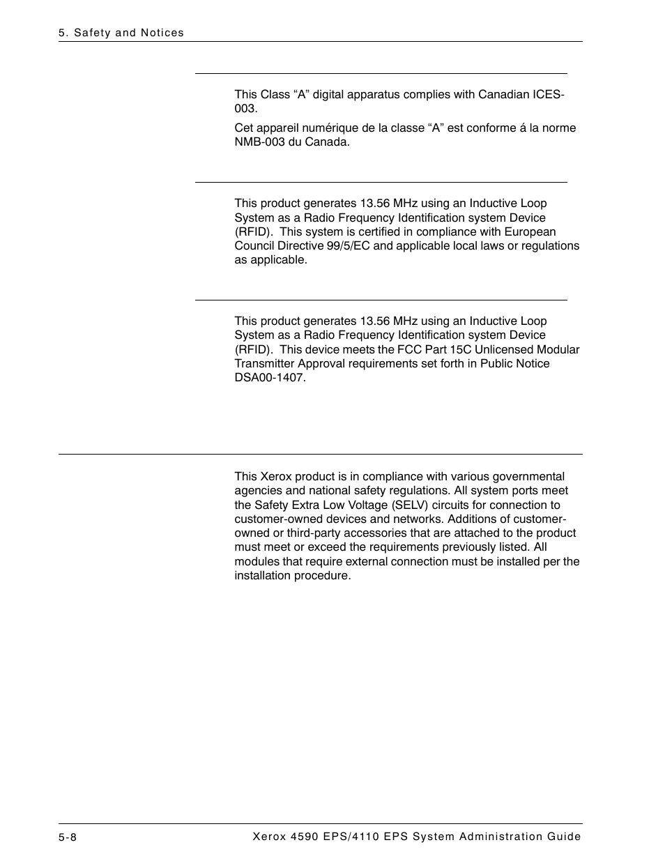 In canada (ices-003), Regulatory information for rfid (eu), Regulatory information for rfid (us) | Safety extra low voltage approval, Safety extra low voltage approval -8 | Xerox 4110 User Manual | Page 82 / 92