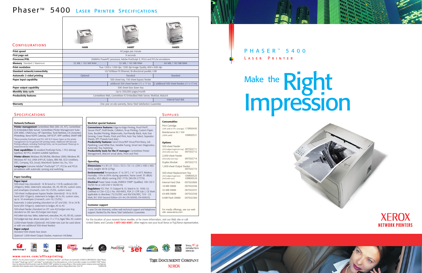 Right impression, Make the, Phaser | L aser printer spec ific ations, Configur ations specific ations, Supplies | Xerox 5400 User Manual | Page 2 / 2