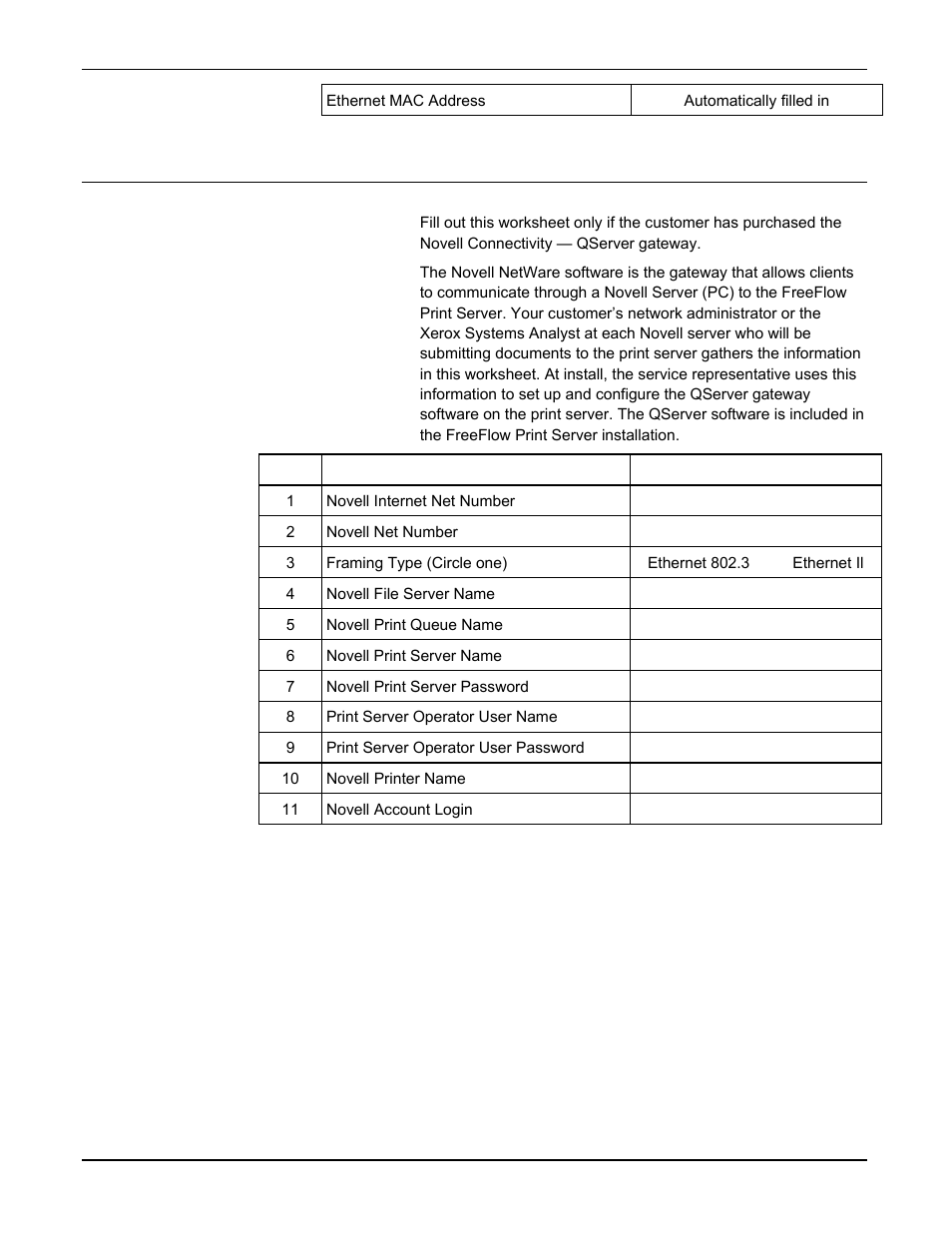 W-7: novell netware gateway installation worksheet | Xerox 701P46985 User Manual | Page 27 / 34