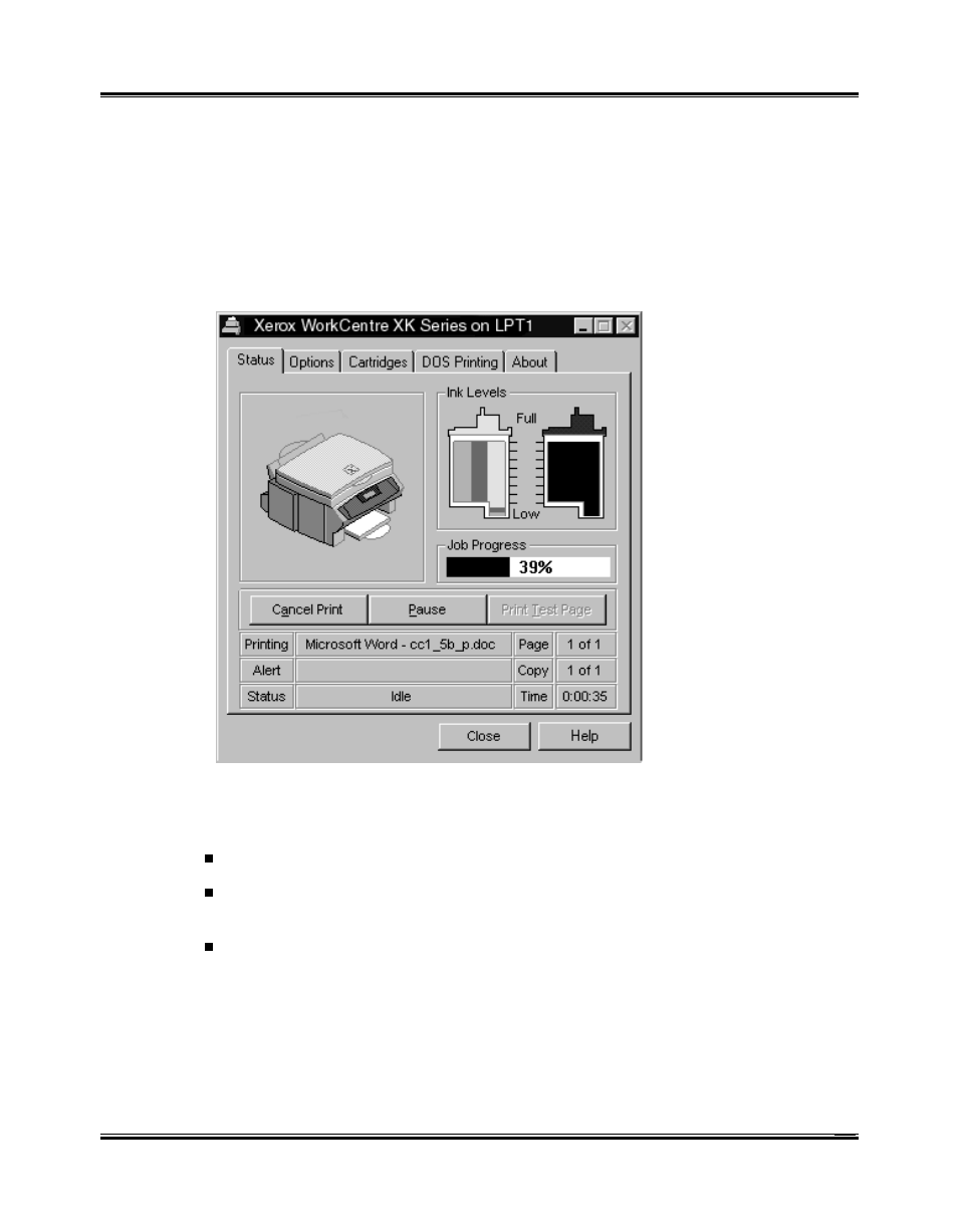 Xerox workcentre control program tab menus, Using the status tab | Xerox XK25C User Manual | Page 70 / 102