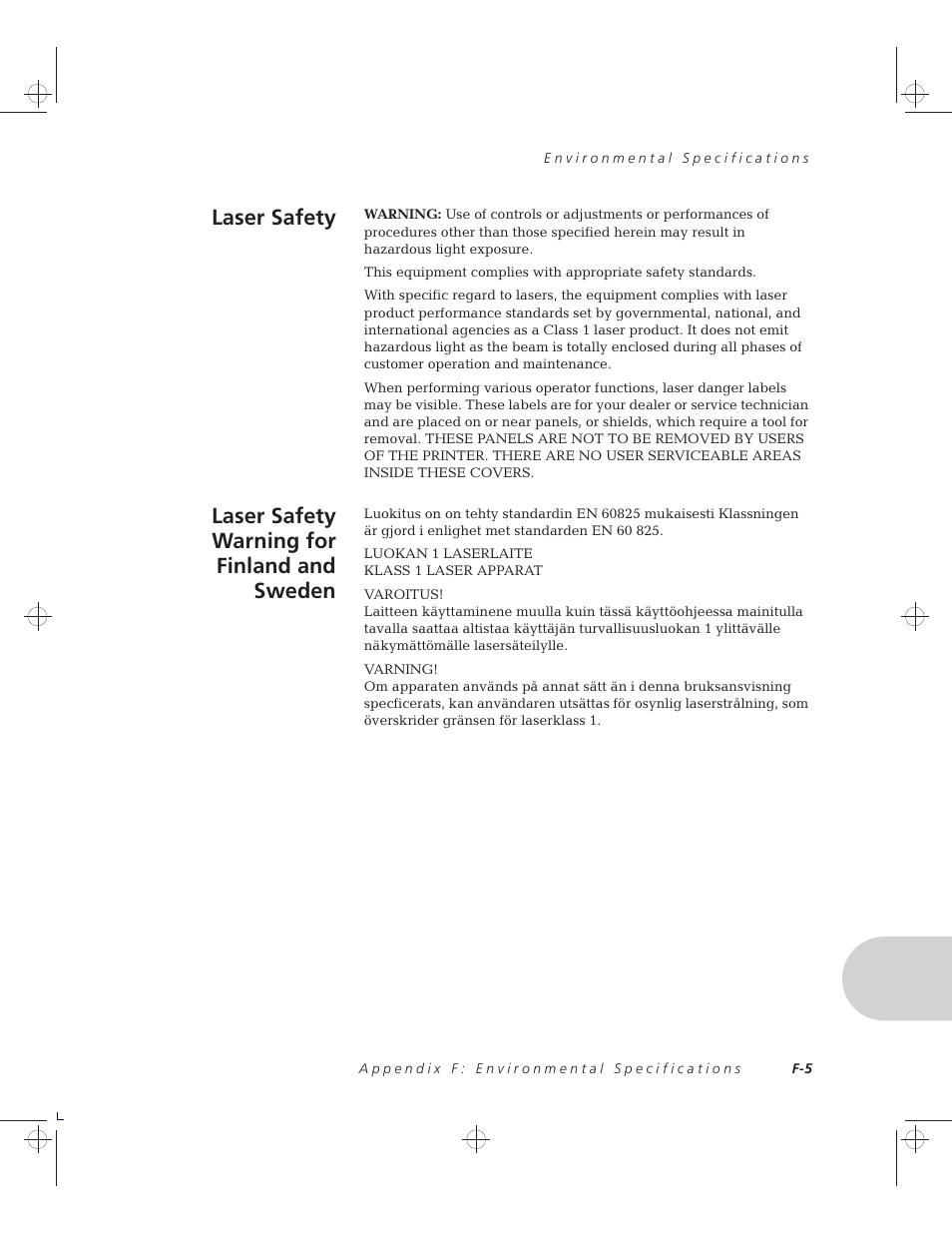 Laser safety, Laser safety warning for finland and sweden | Xerox 4508 User Manual | Page 127 / 150