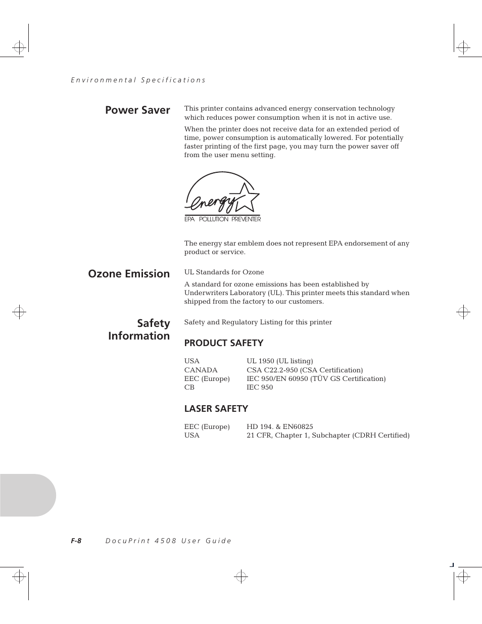 Power saver, Ozone emission, Safety information | Product safety, Laser safety | Xerox 4508 User Manual | Page 130 / 150