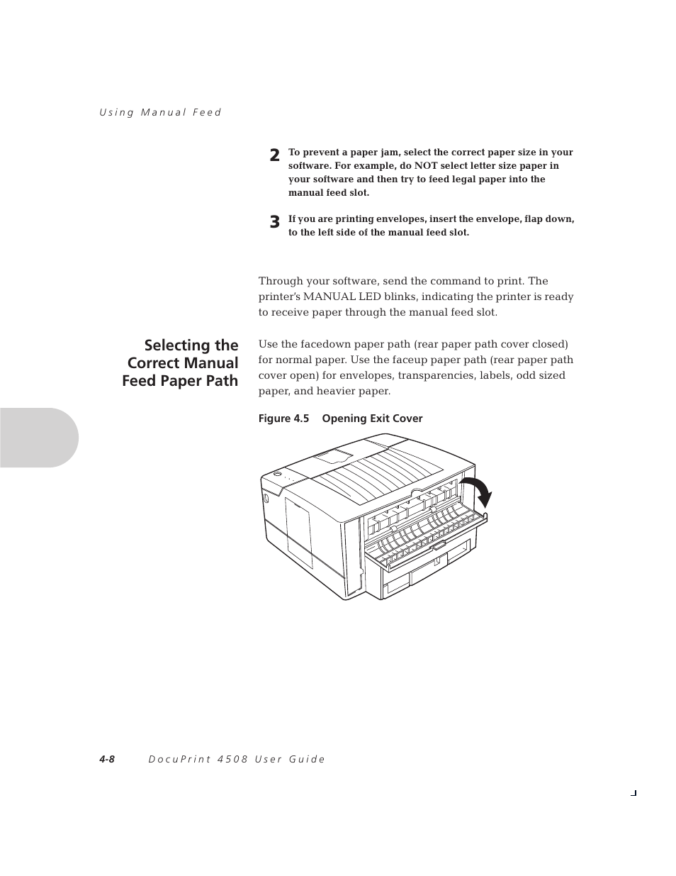 Selecting the correct manual feed paper path | Xerox 4508 User Manual | Page 36 / 150