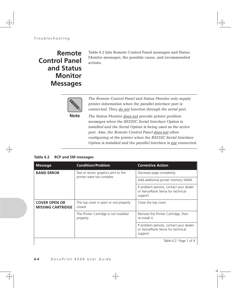 Remote control panel and status monitor message, Remote control panel and status monitor messages | Xerox 4508 User Manual | Page 58 / 150